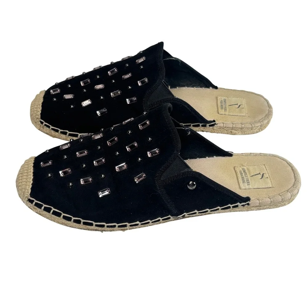 Vera Wang Espadrille Mules Sz 8 Black Canvas Rhinestone Studded Boho Glam